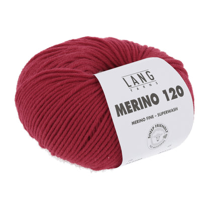 Merino-Garnknäuel, tiefes Weinrot, kompaktes Strickgarn mit Etikett