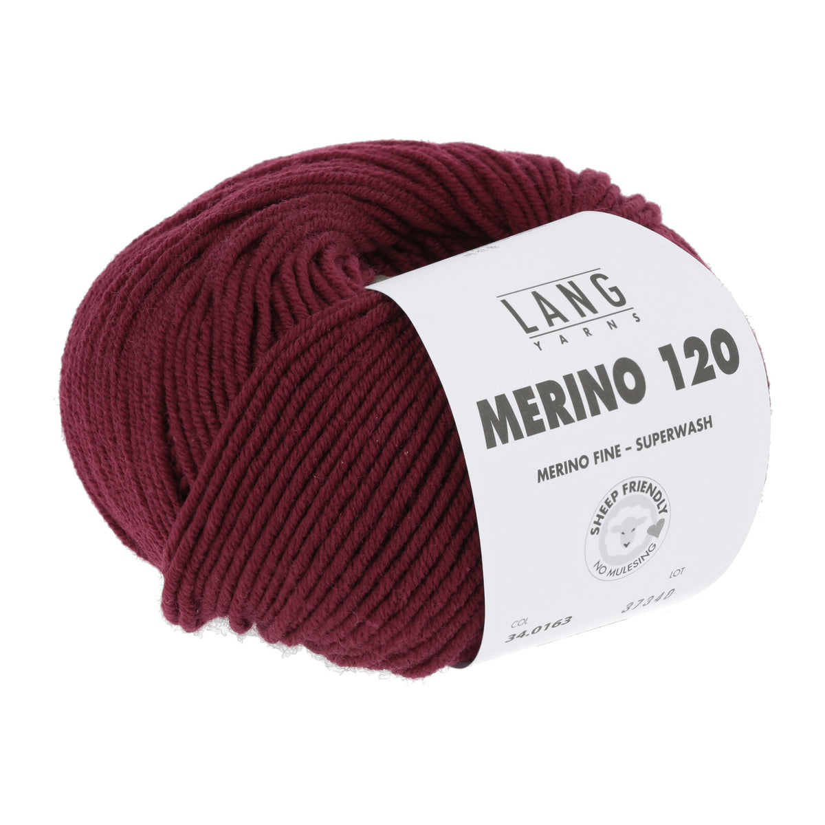 Merino-Garnknäuel in dunklem Rot, mit gedrucktem Label