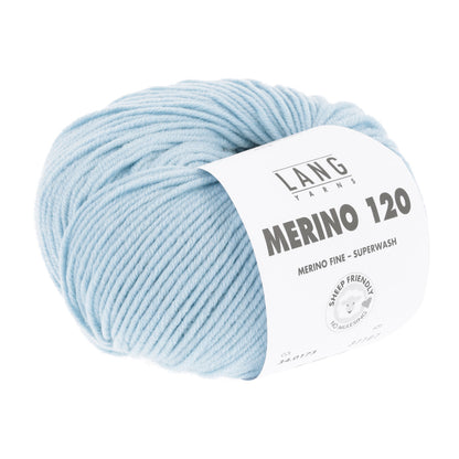 Merino 120 Wollgarn-Knäuel, hellblau mit Label