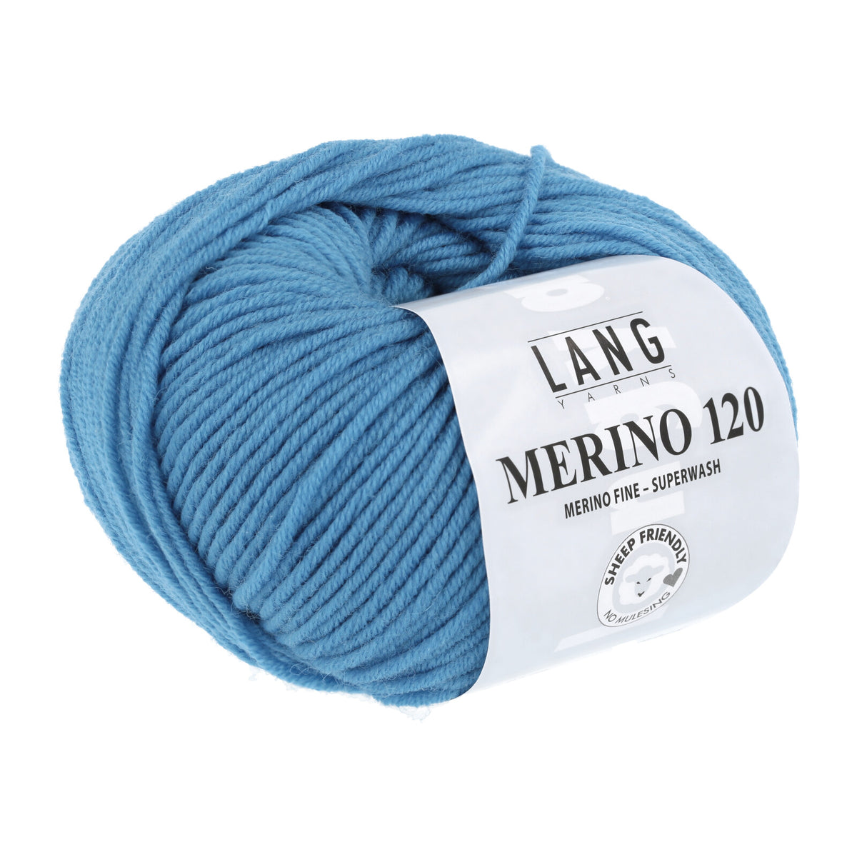 Merino-Garnknäuel, kräftiges Hellblau, kompaktes Strickgarn mit Etikett