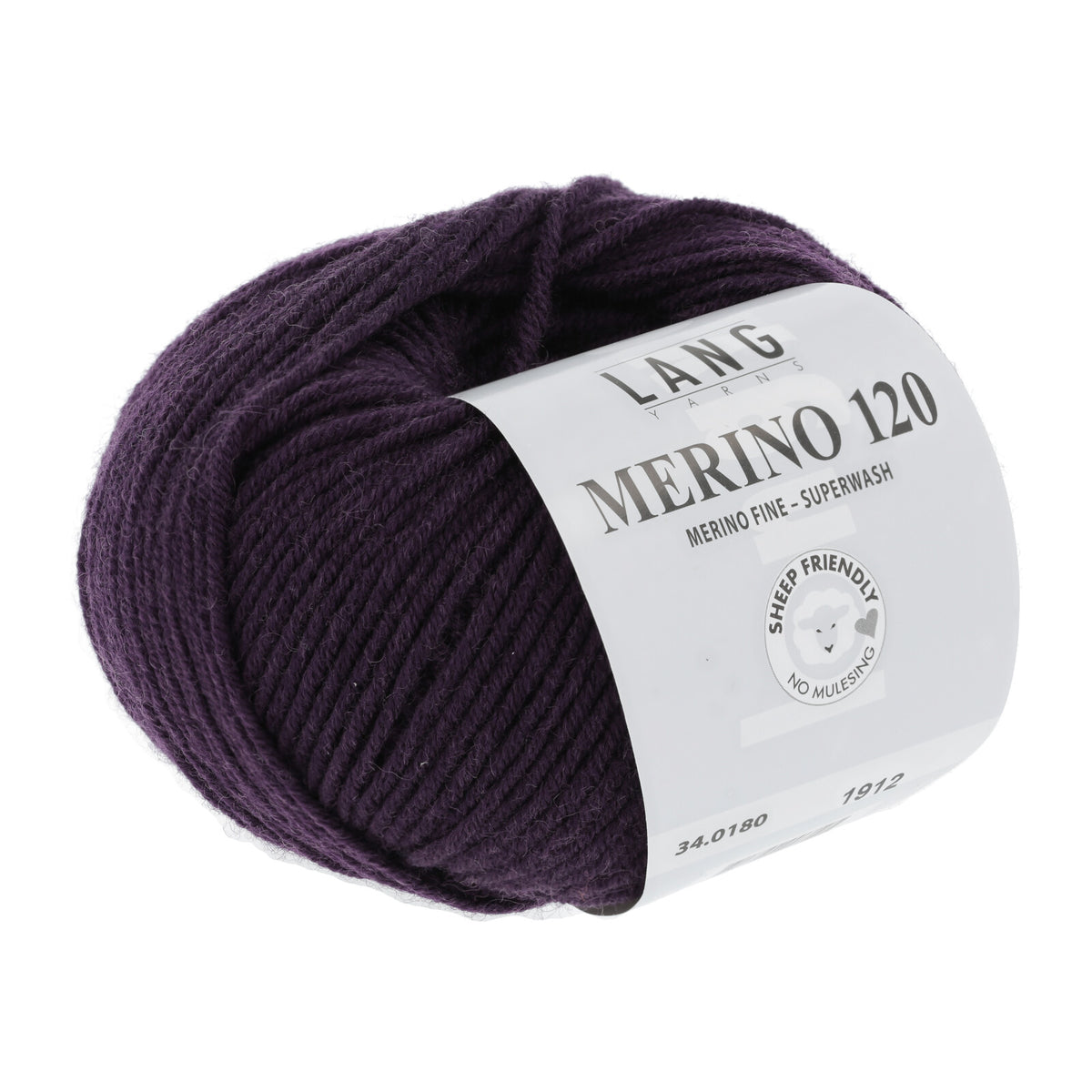 Merino 120 Wollgarn-Knäuel, dunkelviolett mit Label