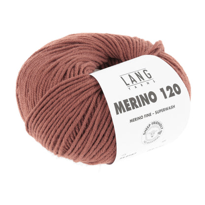 Merinowollgarn, Superwash, rostbraun, Knäuel mit Label