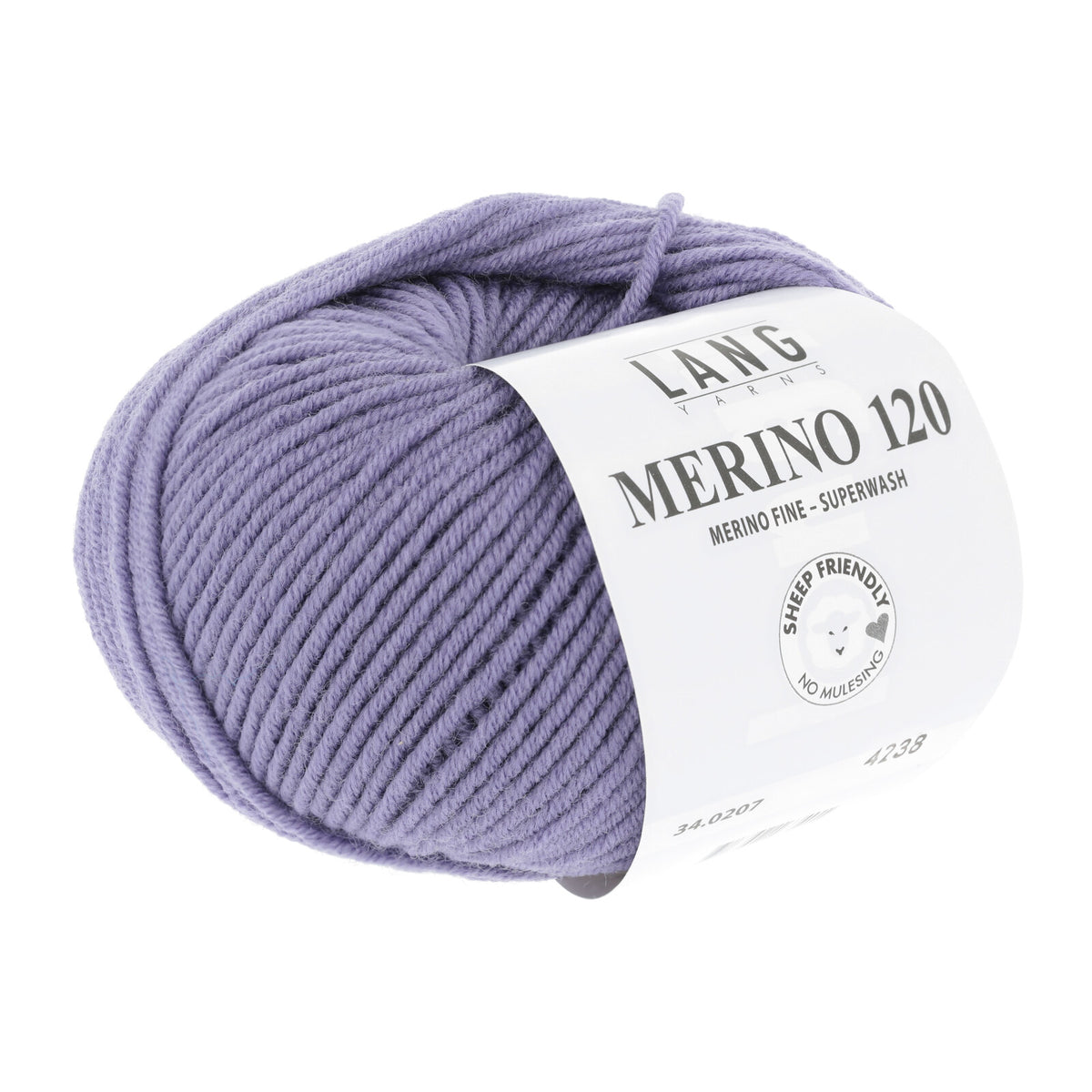 Merinowolle (Lang Yarns) als Knäuel, helllila, mit Wickelband-Label