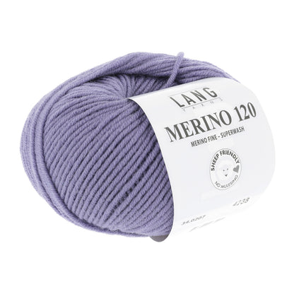 Merinowolle (Lang Yarns) als Knäuel, helllila, mit Wickelband-Label