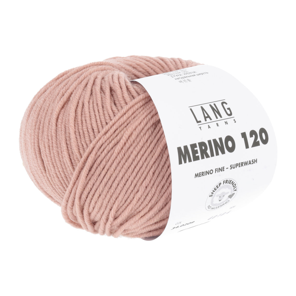 Merino-Garnknäuel in rosafarbenem Beige, mit gedrucktem Label