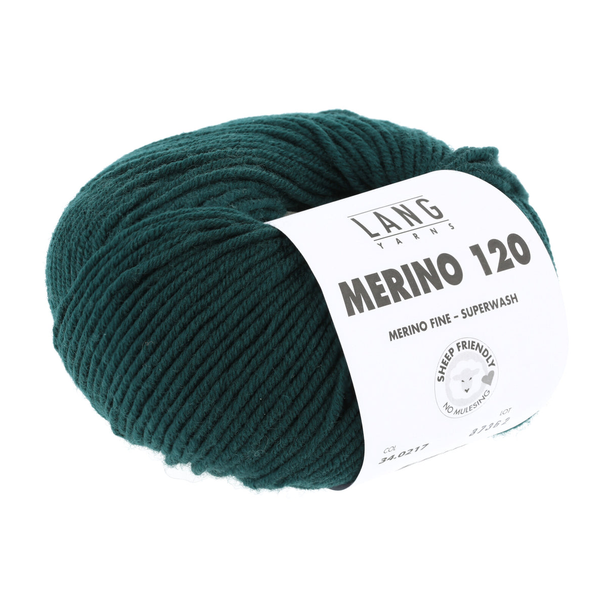 Merino-Garnknäuel in dunklem Grün, mit gedrucktem Label