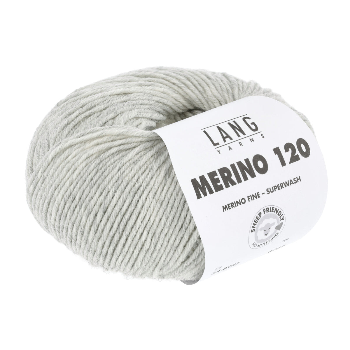 Merino-Garnknäuel in hellem Grau, mit gedrucktem Label