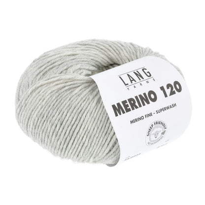 Merino-Garnknäuel in hellem Grau, mit gedrucktem Label