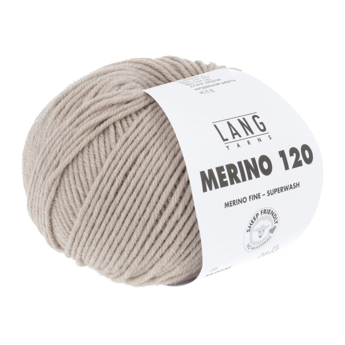 Merino 120 Wollgarn-Knäuel, hellgrau mit Label