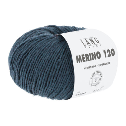 Merinowolle (Lang Yarns) als Knäuel, petrol/dunkelblau, mit Wickelband-Label