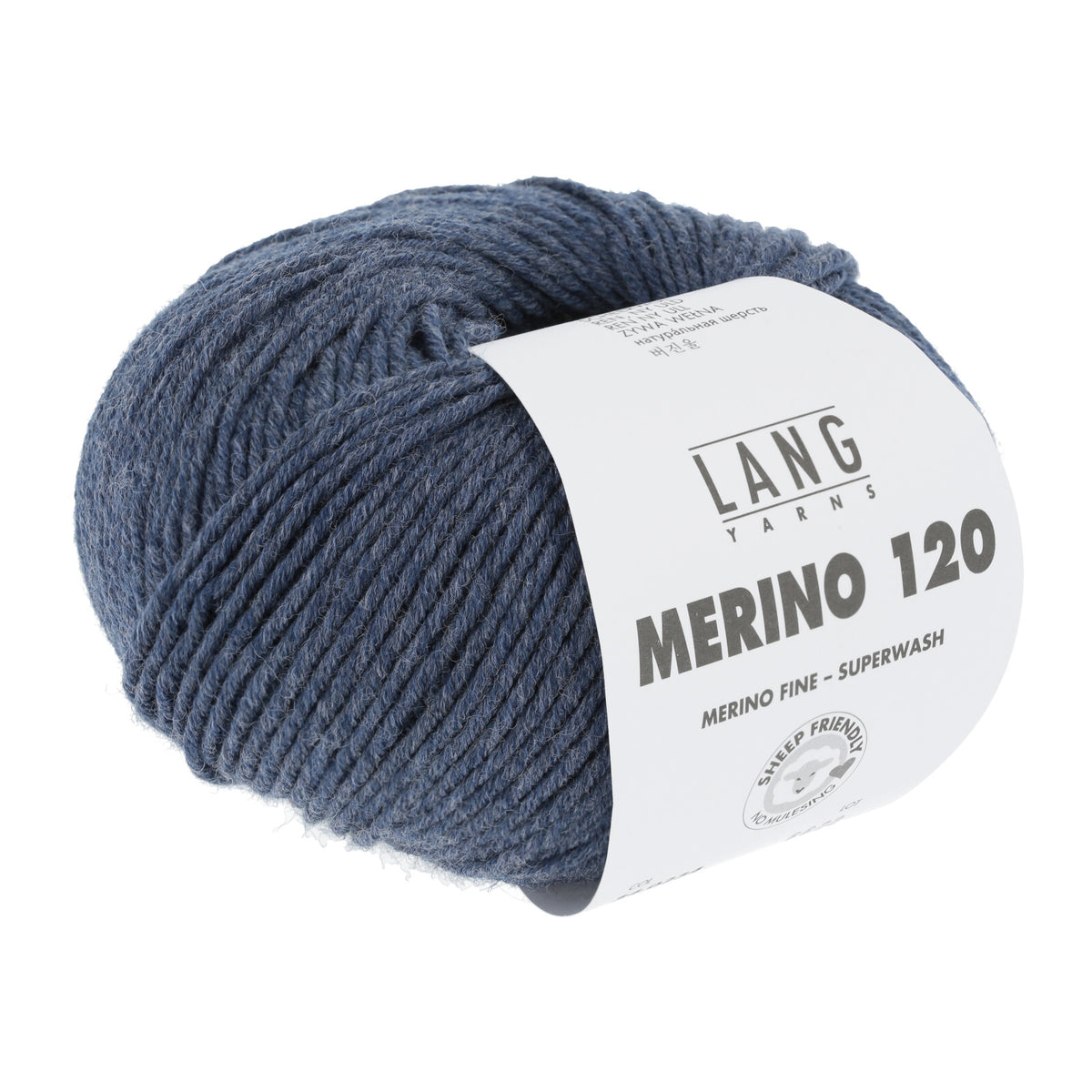 Merino 120 Wollgarn-Knäuel, blau meliert mit Label