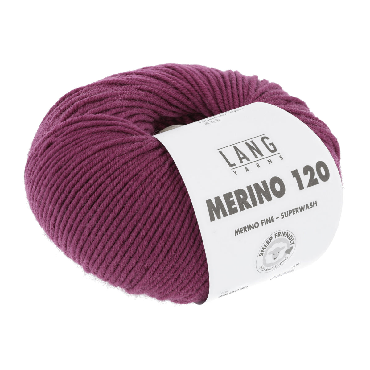 Merinowolle (Lang Yarns) als Knäuel, dunkelrosa/weinrot, mit Wickelband-Label