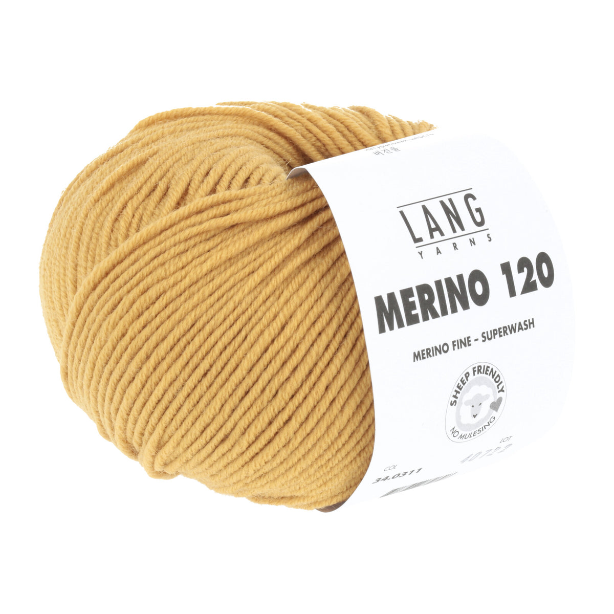 Merino-Garn (Superwash), ockerfarbenes Knäuel mit Label