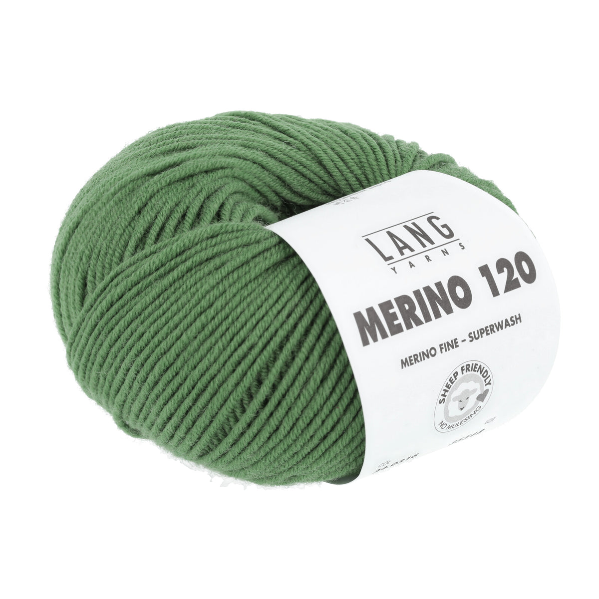 Merino-Garn (Superwash), dunkelgrünes Knäuel mit Label