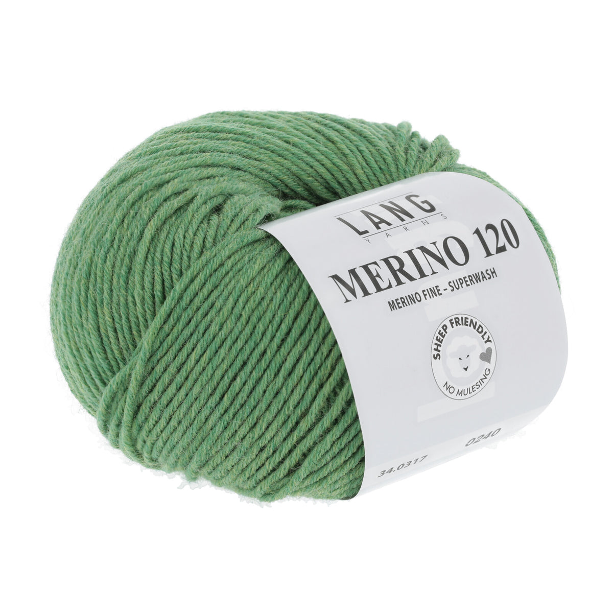 Merino-Garn (Superwash), sattgrünes Knäuel mit Label