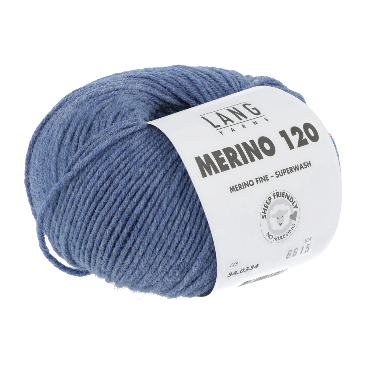Merino-Garn (Superwash), blaues Knäuel mit Label