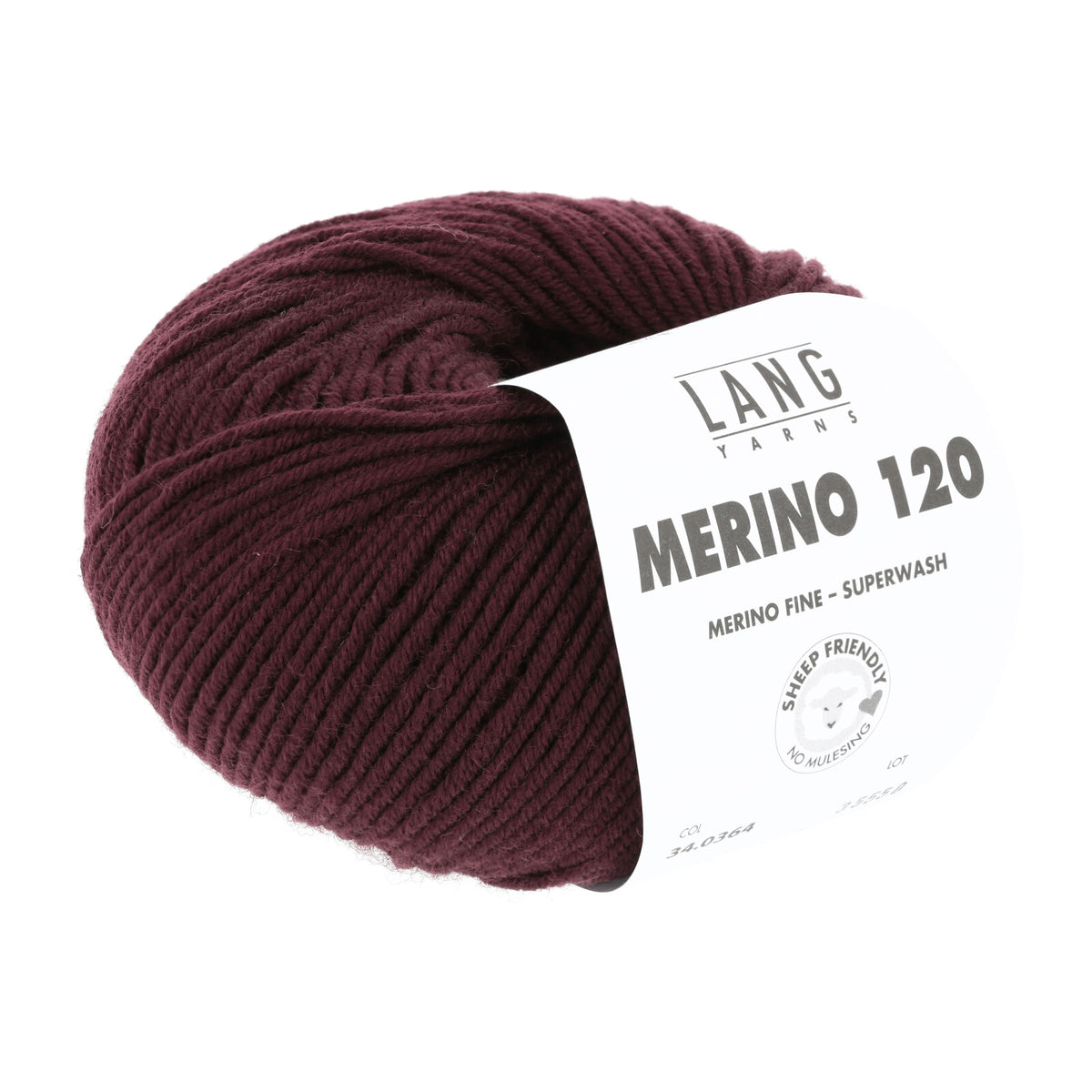 Merino-Garn (Superwash), dunkelweinrotes Knäuel mit Label