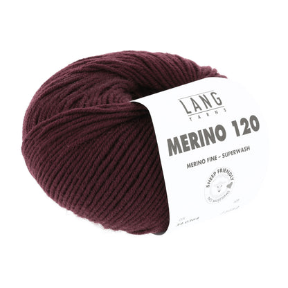 Merino-Garn (Superwash), dunkelweinrotes Knäuel mit Label