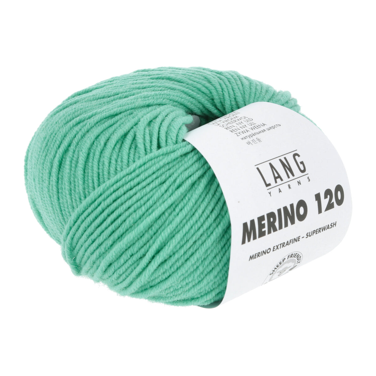 Merino 120 Wollgarn-Knäuel, türkisgrün mit Label