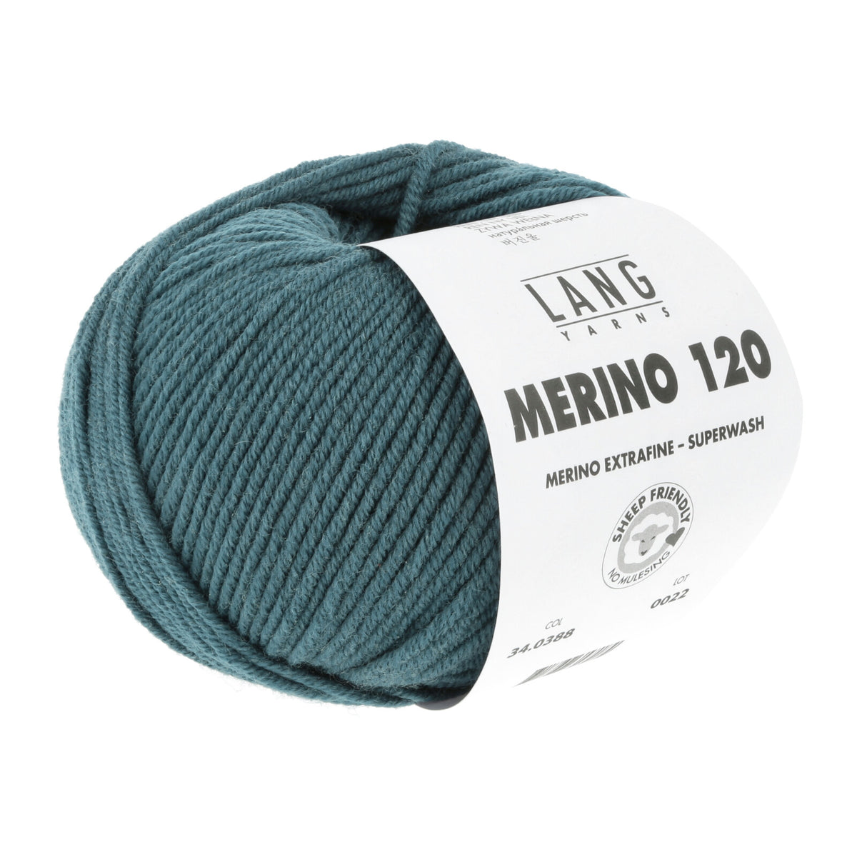 Merino 120 Wollgarn-Knäuel, petrol/türkisblau mit Label