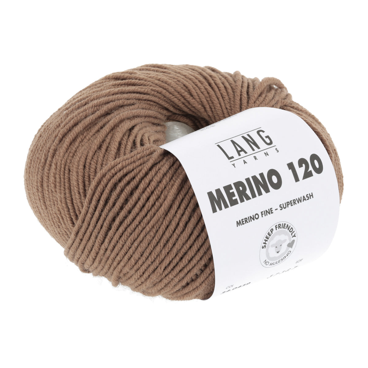 Lang Yarns Merino 120 Wollgarn: braunes Knäuel mit Etikett
