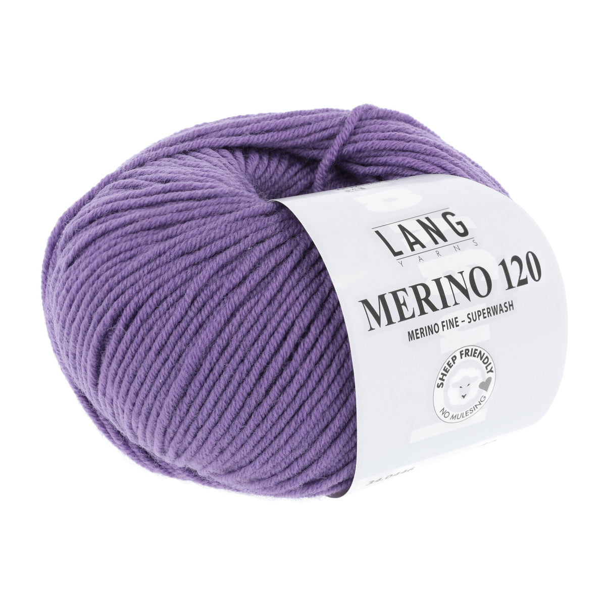 Lang Yarns Merino 120 Wollgarn: lila Knäuel mit Label