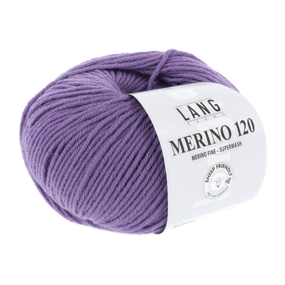 Lang Yarns Merino 120 Wollgarn: lila Knäuel mit Label