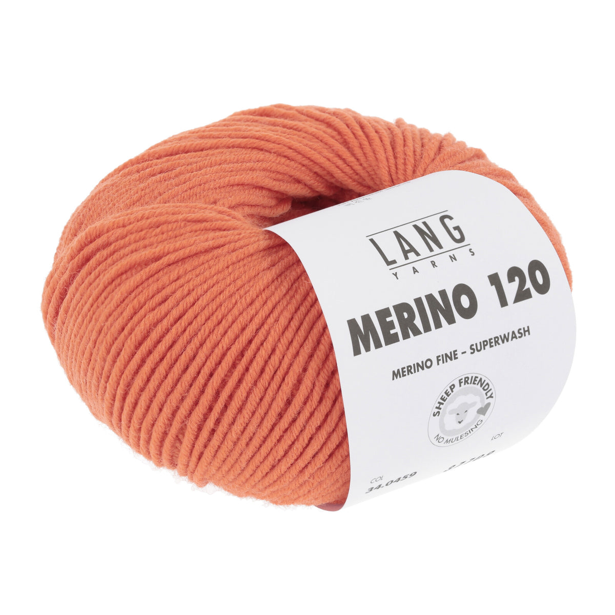 Lang Yarns Merino 120 Wollgarn: lachsfarbenes Knäuel mit Etikett