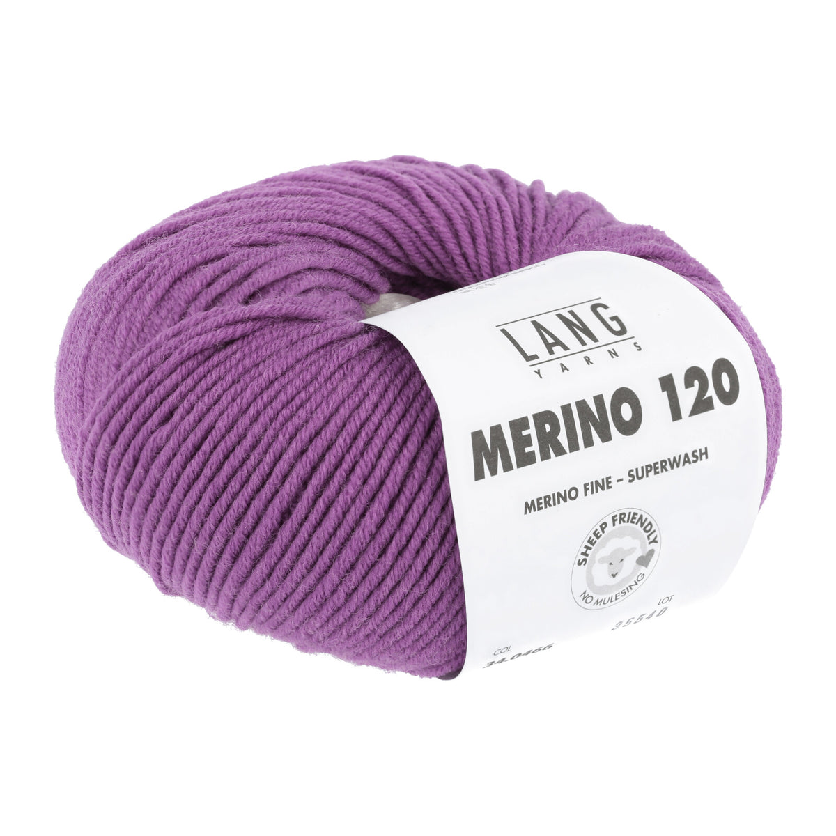 Lang Yarns Merino 120 Wollgarn: fliederfarbenes Knäuel mit Etikett