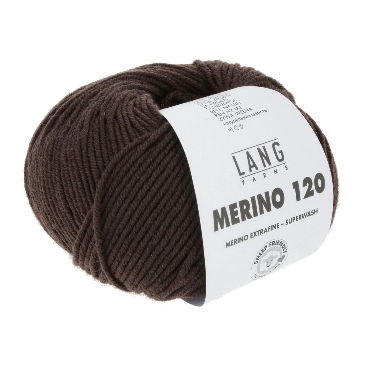 Merino 120 Wollgarn-Knäuel, schokoladenbraun mit Label