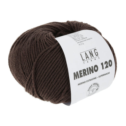 Merino 120 Wollgarn-Knäuel, schokoladenbraun mit Label