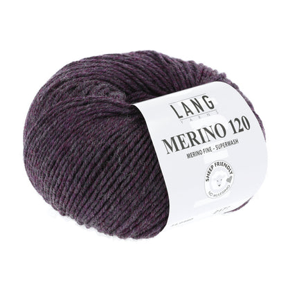 Lang Yarns Merino 120 Wollgarn: dunkles, gemustertes Violett-Knäuel mit Label