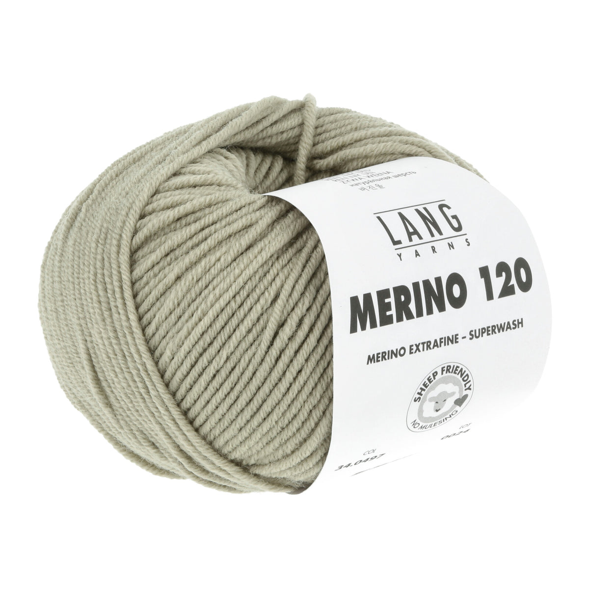 Merino 120 Wollgarn-Knäuel, hellgrau-grün mit Label