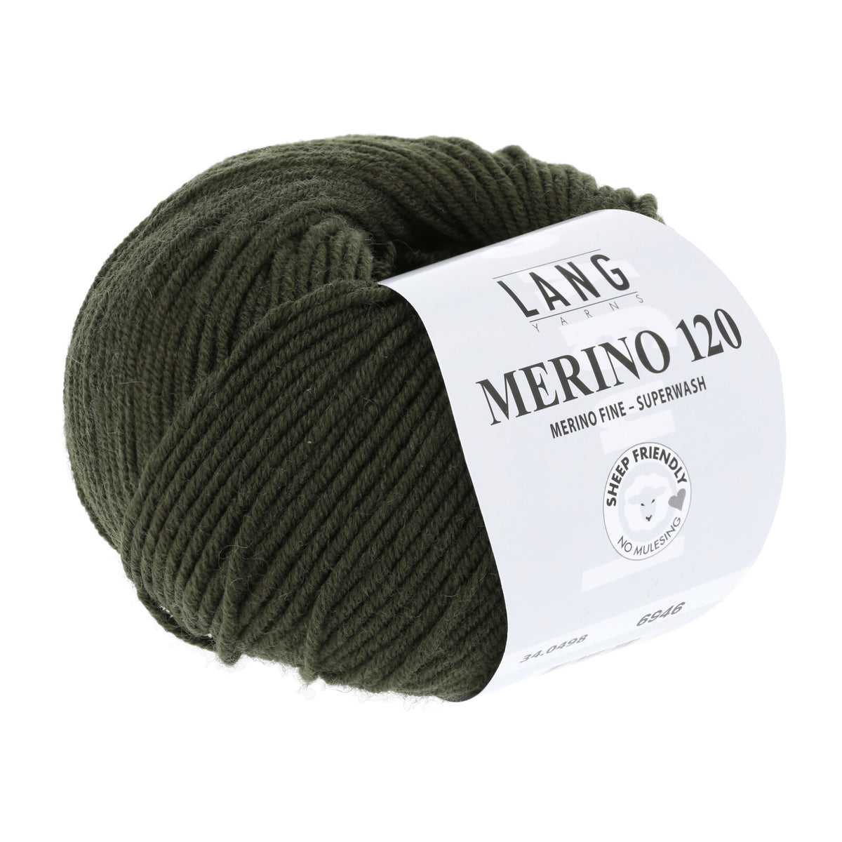 Lang Yarns Merino 120 Wollgarn: dunkelgrünes Knäuel mit Etikett
