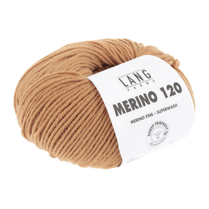 Lang Yarns Merino 120 Wollgarn: beiges Knäuel mit Etikett