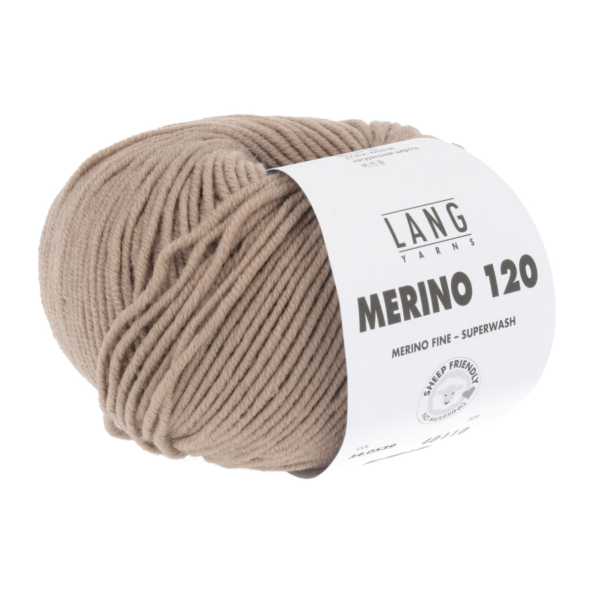 Lang Yarns Merino 120 Wollgarn: hellgraubeiges Knäuel mit Etikett