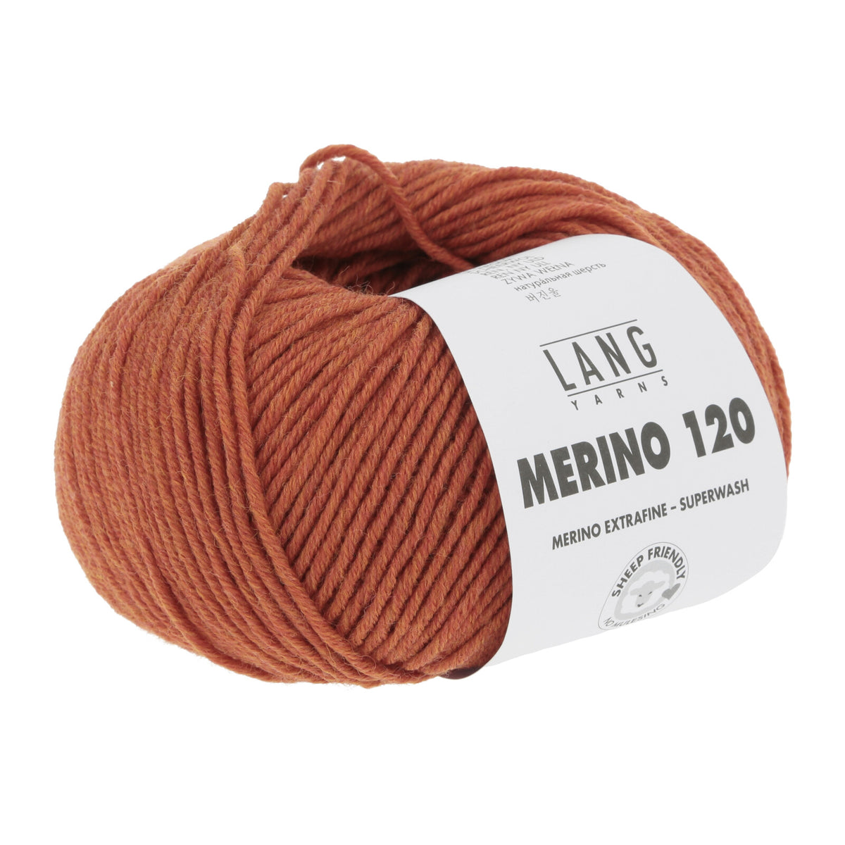 Merino 120 Wollgarn-Knäuel, rostbraun mit Label