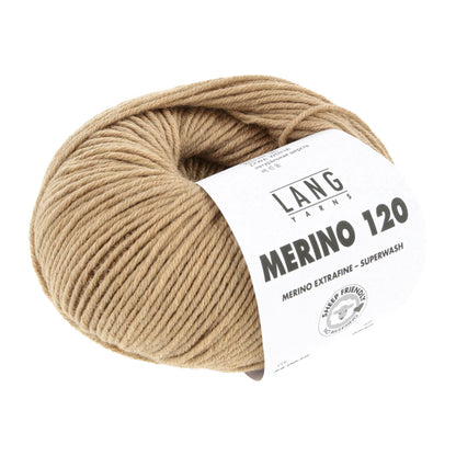 Merino 120 Wollgarn-Knäuel, beige/taupe mit Label