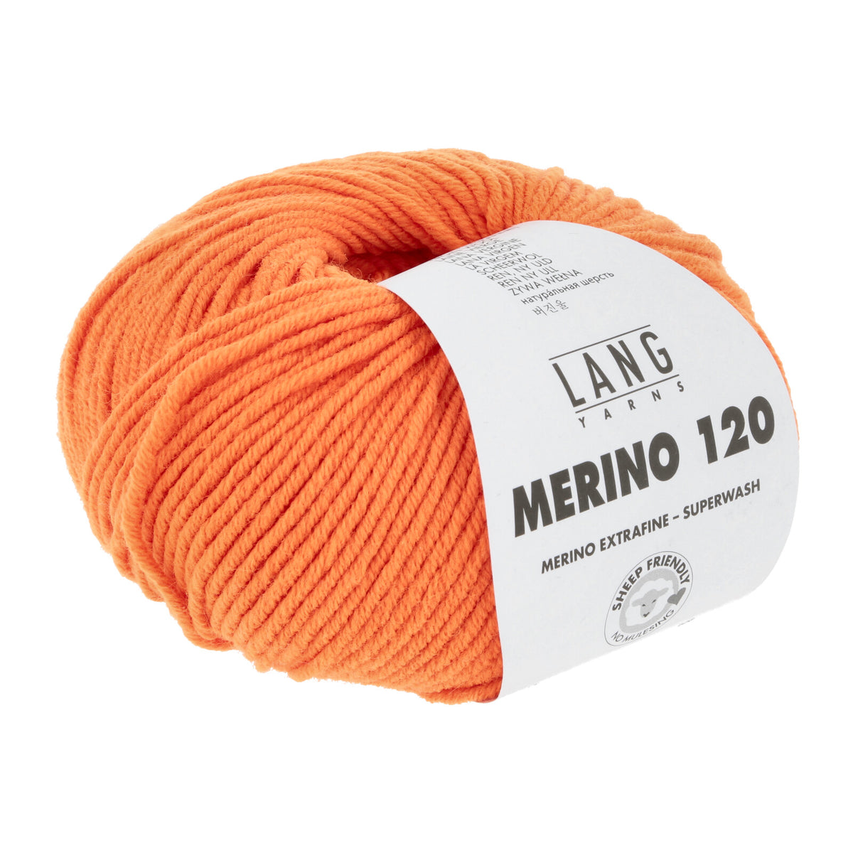 Merino 120 Wollgarn-Knäuel, orange mit Label