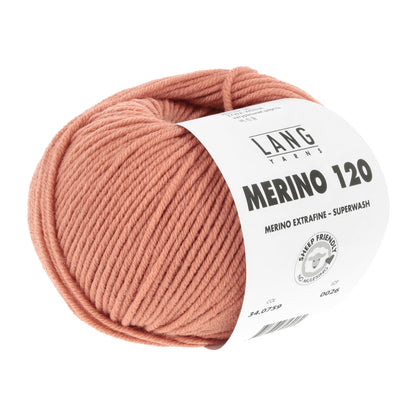 Merino 120 Wollgarn-Knäuel, rosé/hellorange mit Label