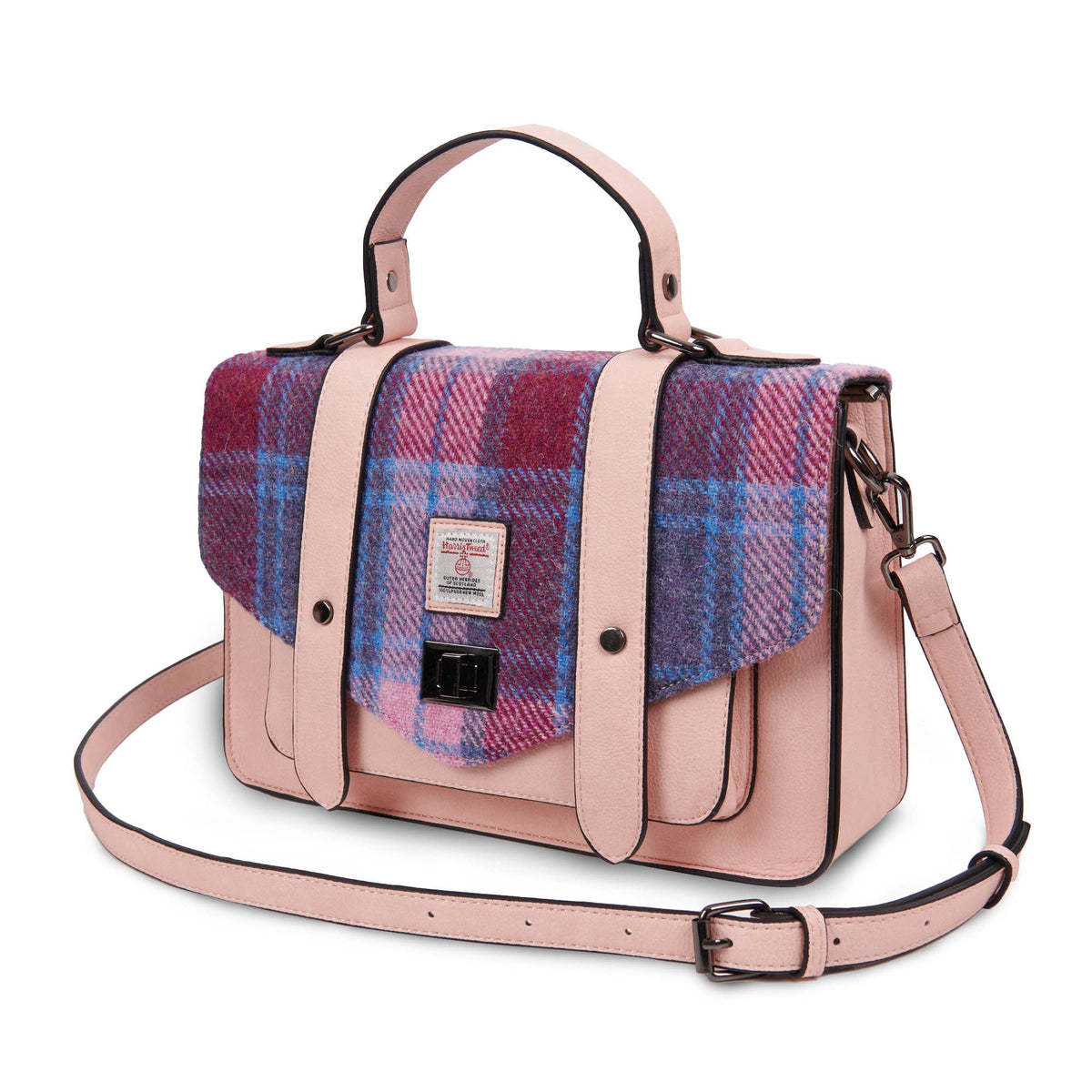 Mittlere Satchel-Tasche aus Harris Tweed im blau-roten Tartan mit rosafarbenen Ledergriffen