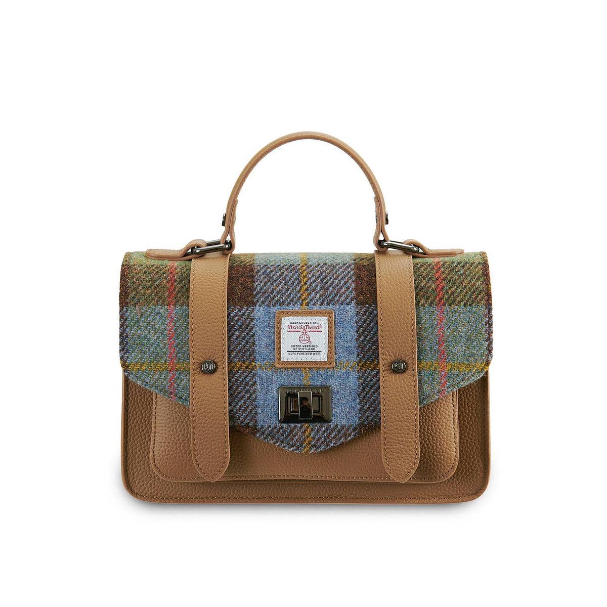 Mittlere Satchel-Tasche aus Harris Tweed im bunt gemusterten Tartan mit beigem Leder und Bügeln