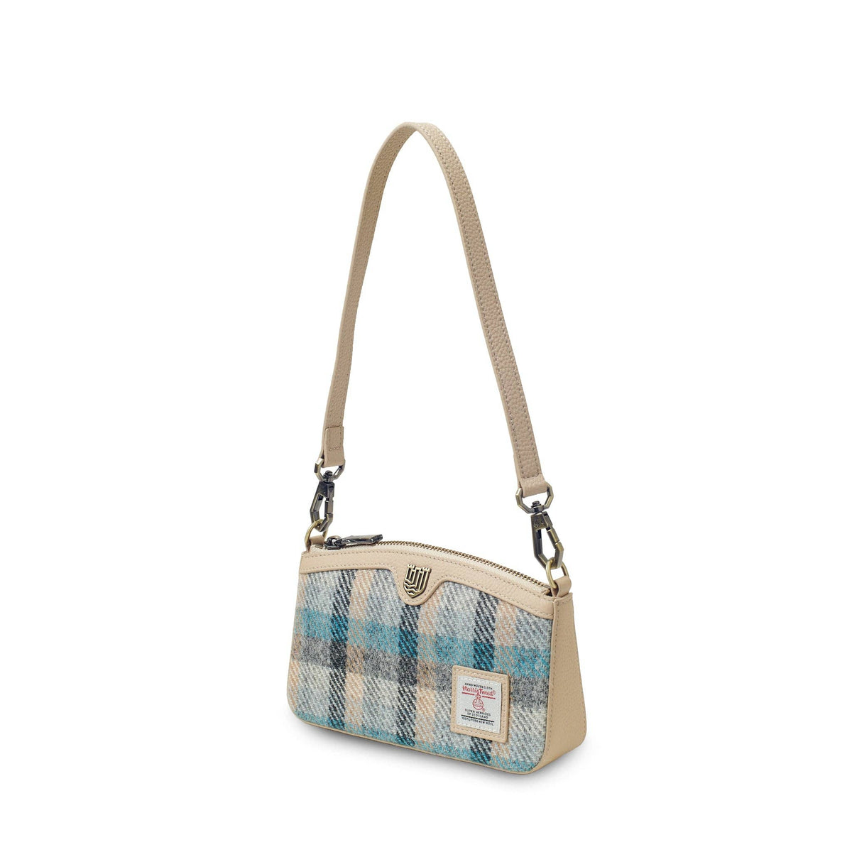 Umhängetasche aus Harris Tweed® im Karomuster mit beigem Leder und Schulterriemen