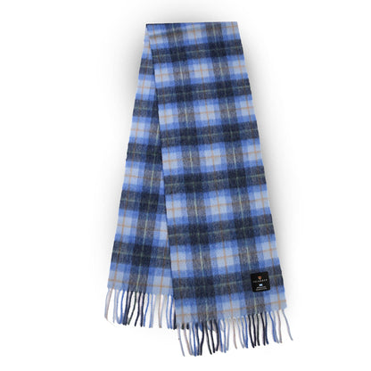 Lammwoll-Schal, blaues Karo mit hellblauen Quadraten und Fransen