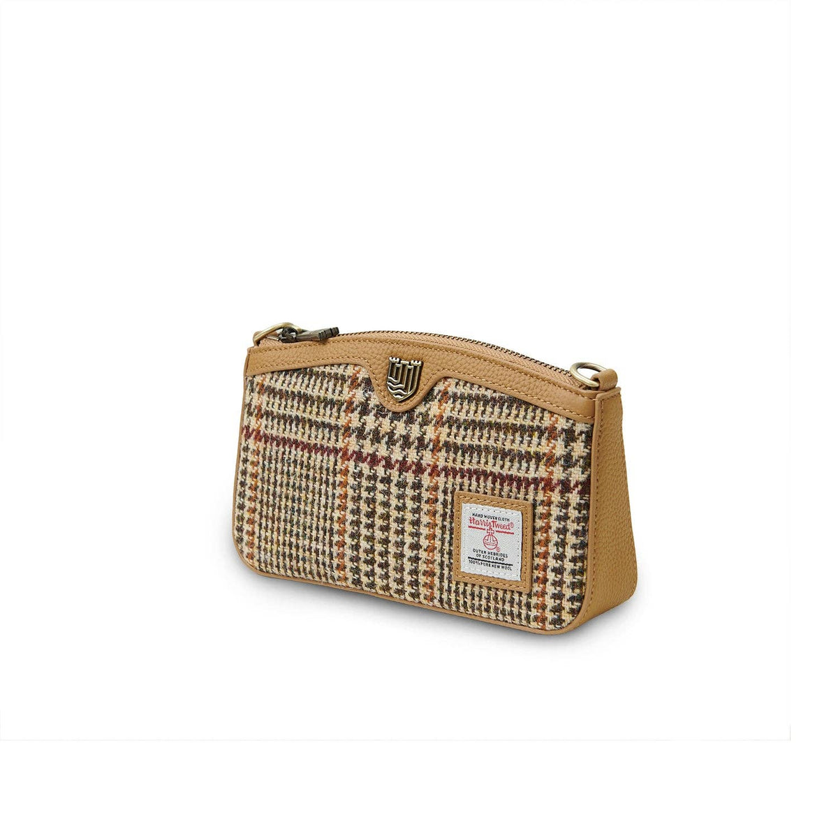 Umhängetasche aus Harris Tweed mit Hahnentritt-Muster, braunes Echtleder, Reißverschluss, Badge