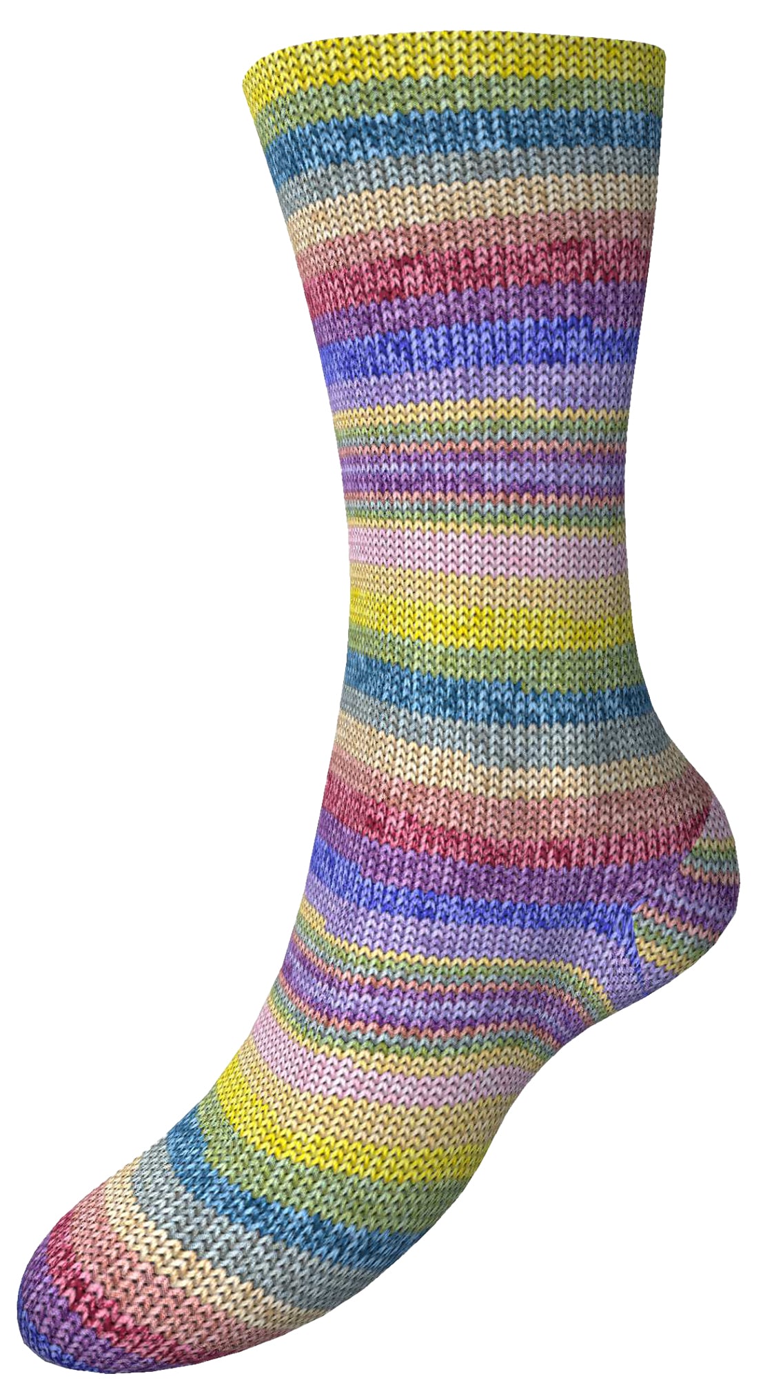 Gesamtsocke aus Sockenwolle mit Streifen in Gelb, Lila, Blau und Rosa