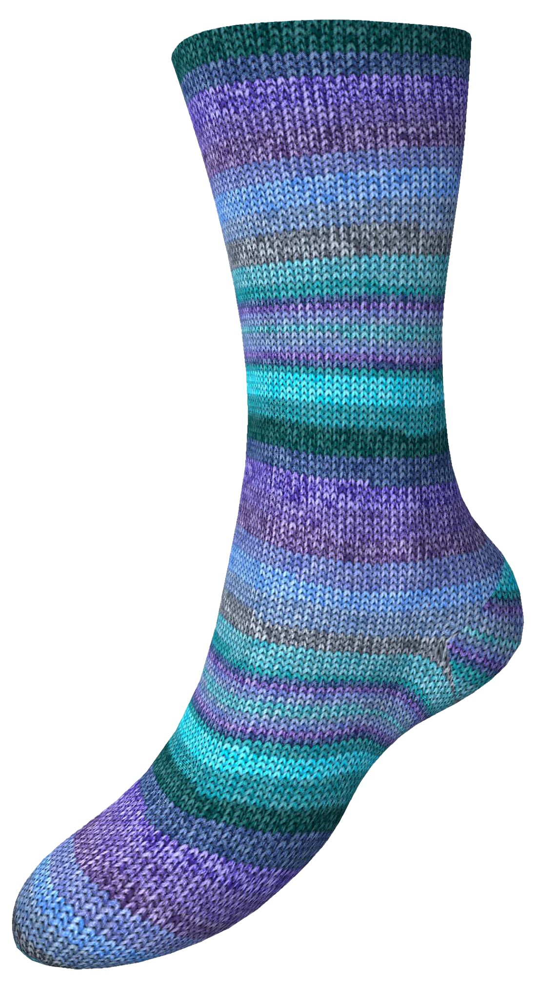 Gesamtsocke aus Sockenwolle mit Farbverlauf in Violett, Türkis und Blau