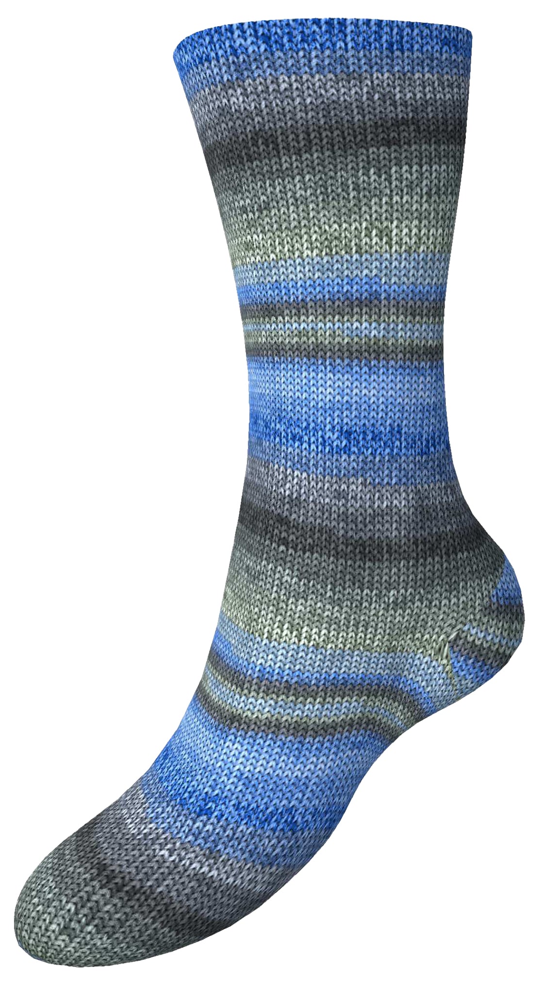 Gesamtsocke aus Sockenwolle mit Streifenmuster in Blau, Grau und Grün