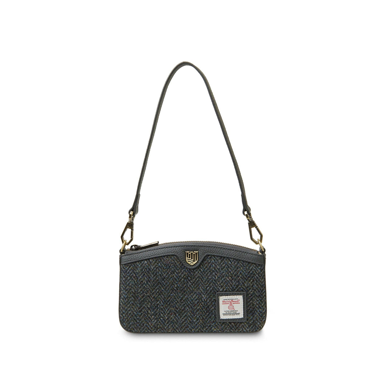 Umhängetasche aus Harris Tweed mit dunklem Fischgrätmuster, Echtlederriemen, Reißverschluss