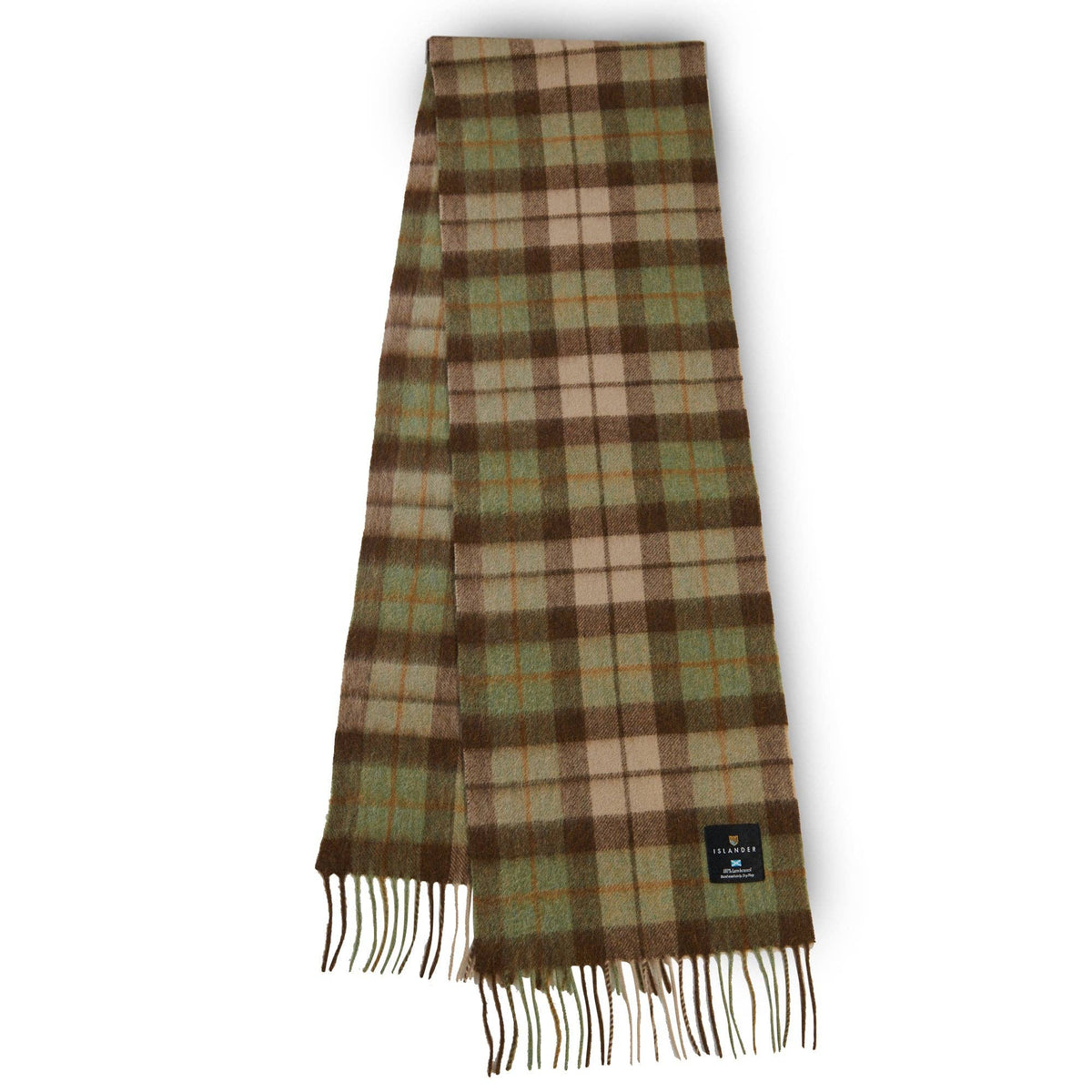 Lammwoll-Schal, braun-beige kariert mit dunkelgrünen Akzenten und Fransen
